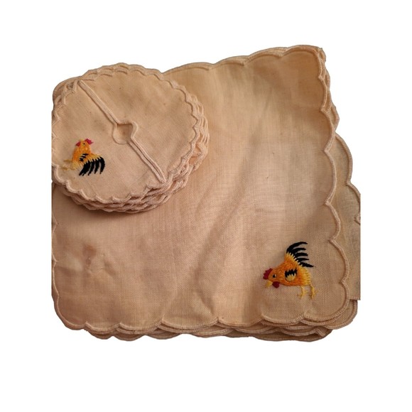 SET OF 12 ROOSTER MADIERA Vintage Cocktail Napkins 12 Matching Drink Coasters